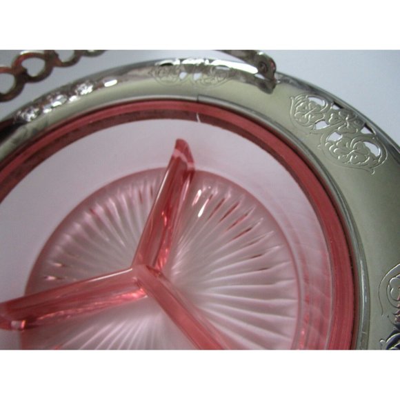 VTG Pink Depression GLASS Divided DISH W/HANDLE Candy/NUT FARBERWARE Silver Rim - Picture 9 of 16